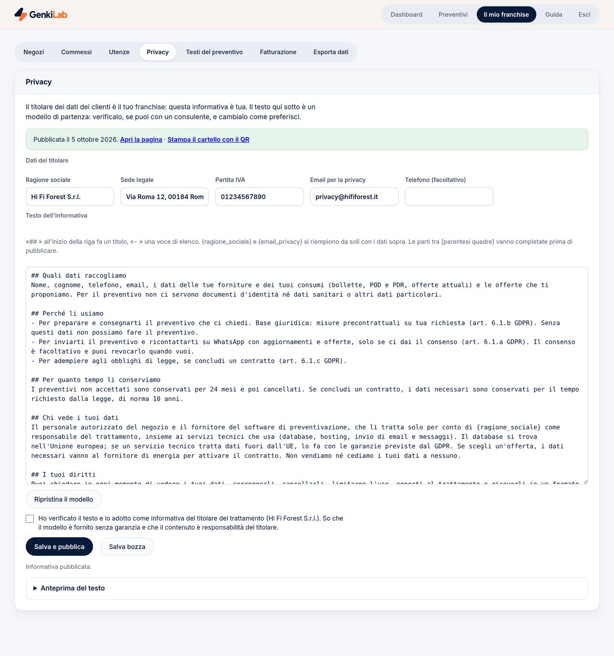 Privacy: schermata reale dell'app