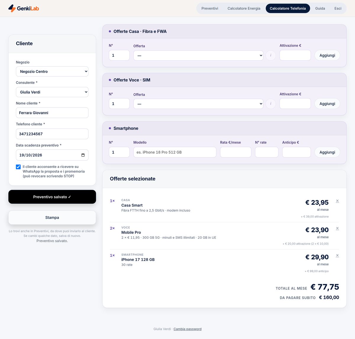 Telefonia: schermata reale dell'app