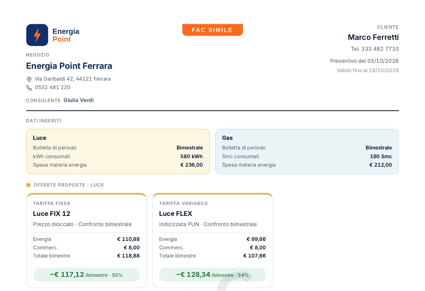Preventivo PDF di esempio: Energia Point Ferrara, offerte luce e gas